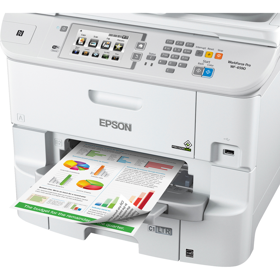 Epson WorkForce Pro WF-6590 Wireless Inkjet Multifunction Printer-Color-Copier/Fax/Scanner-4800x1200 Print-Automatic Duplex Print-75000 Pages Monthly-580 sheets Input-Color Scanner-1200 Optical Scan-Color Fax-Gigabit Ethernet-Wireless LAN