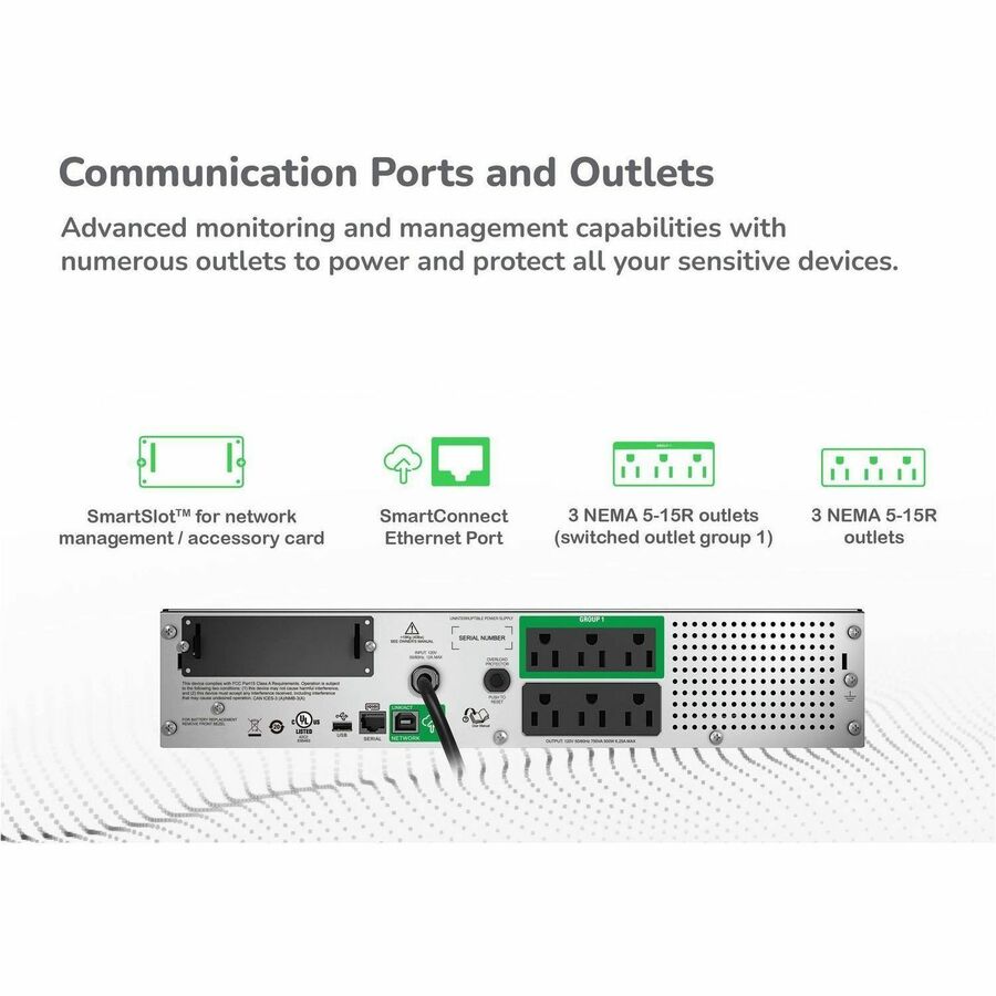 APC Smart-UPS, Line Interactive, 750VA, Rackmount 2U, 120V, 6x NEMA 5-15R outlets, SmartConnect Port+SmartSlot, AVR, LCD