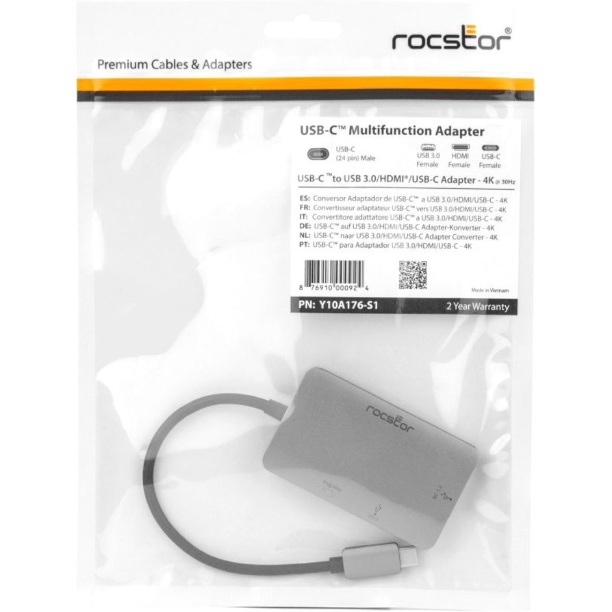Rocstor Premium USB-C to HDMI Multiport Adapter - USB-C to HDMI/USB-C (3.1)/USB 3.0 for Audio/Video Device, Notebook, TV, Monitor, Projector, MacBook, MacBook Pro, Chromebook, iMac, Mac mini - 8" - 1 x USB-C Male to 1 x HDMI Female Digital Audio/Video - 1 x USB-C (3.1 Gen1 5Gbps), Female, 1 x USB 3.0 Type-A Female - Metal Silver - Mac & PC Compatible - USB-C TO HDMI/USB 3.0/USB-C 3IN1 ADAPTER