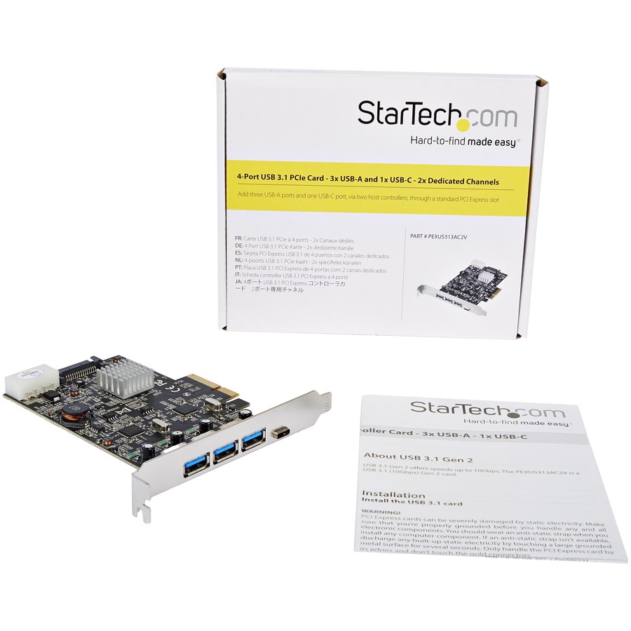 StarTech.com 4 Port USB 3.1 PCIe Card - 3x USB-A and 1x USB-C - 2x Dedicated Channels - USB C PCIe Card - USB 3.1 - 10Gbps - USB 3.1 TypeC