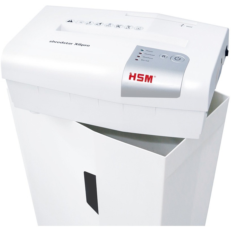 HSM shredstar X6Pro - 1/16" x 5/8" + Sep. CD Cutting Unit - Particle Cut - 6 Per Pass - for shredding CD, DVD, Paper, Staples, Paper Clip, Credit Card - 0.188" x 0.625" Shred Size - P-5/O-1/T-2/E-2/F-2 - 8.66" Throat - 5.30 gal Wastebin Capacity - White