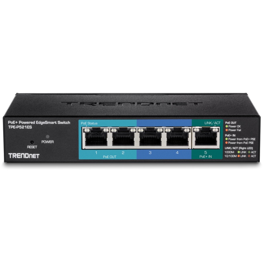 TRENDnet 5-Port Gigabit PoE+ Powered EdgeSmart Switch With PoE Pass Through, 18W PoE Budget, 10Gbps Switching Capacity, Managed Switch, Wall-Mountable, Lifetime Protection, Black, TPE-P521ES