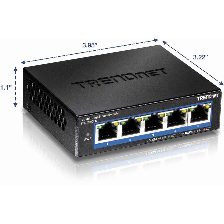TRENDnet 5-Port Gigabit EdgeSmart Switch; TEG-S50ES; 5 x Gigabit Ports; 10Gbps Switch Capacity; Ethernet Network Desktop Switch; Managed Smart Gigabit Switch; Metal; Fanless; Lifetime Protection