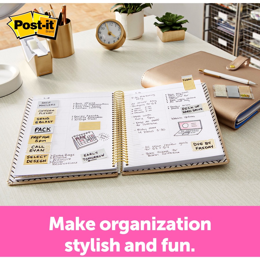 Post-it® Printed Flags - 60 x Assorted Metallic - 1" x 1 3/4" - 30 Sheets per Pad - Gold, Silver - Sticky, Removable, Writable, Self-adhesive - 60 / Pack
