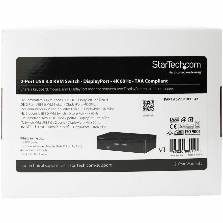 StarTech 2 Port DisplayPort KVM Switch - 4K 60Hz - Single Display - UHD DP 1.2 USB KVM Switch with USB 3.0 Hub & Audio - TAA Compliant