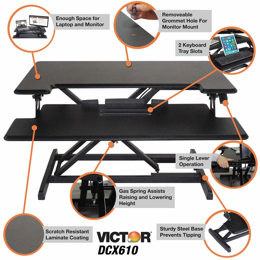 Victor High Rise Height Adjustable Compact Standing Desk with Keyboard Tray - 19" (482.60 mm) Height x 32.50" (825.50 mm) Width x 18" (457.20 mm) Depth - Desktop - Wood, Laminate, Steel - Gray, Black - Desktop Risers - VCTDCX610