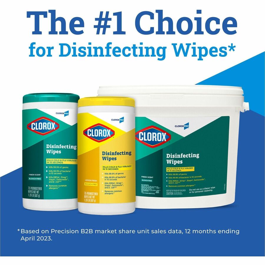 CloroxPro™ Disinfecting Wipes - Ready-To-Use - Lemon Fresh Scent - 75 / Canister - 480 / Pallet - Bleach-free, Pre-moistened, Phosphorous-free, Easy Tear, Easy to Use, Antibacterial - Yellow