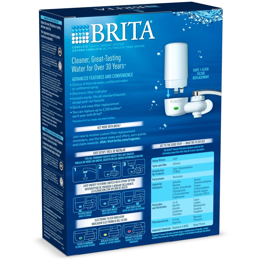 Brita Complete Water Faucet Filtration System with Light Indicator - Faucet  - 100 gal Filter Life (Water Capacity) - 4 / Carton - White, Blue