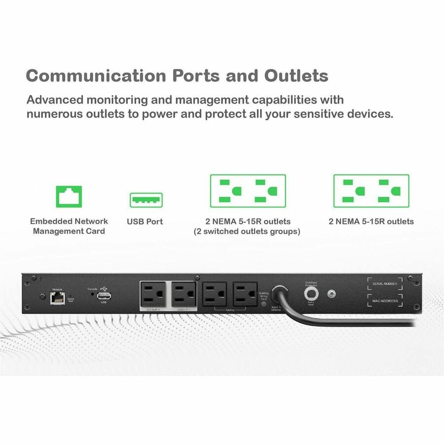 APC Smart-UPS, Line Interactive, 500VA, Lithium-ion, Rackmount 1U, 120V, 4x NEMA 5-15R outlets, Network Card, Short Depth