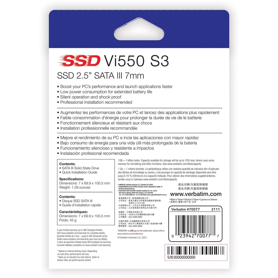 Verbatim Vi550 1 TB Solid State Drive - 2.5" Internal - SATA (SATA/600) - 480 TB TBW - 560 MB/s Maximum Read Transfer Rate - 3 Year Warranty - 1 Pack - Hard Drives - VER70077
