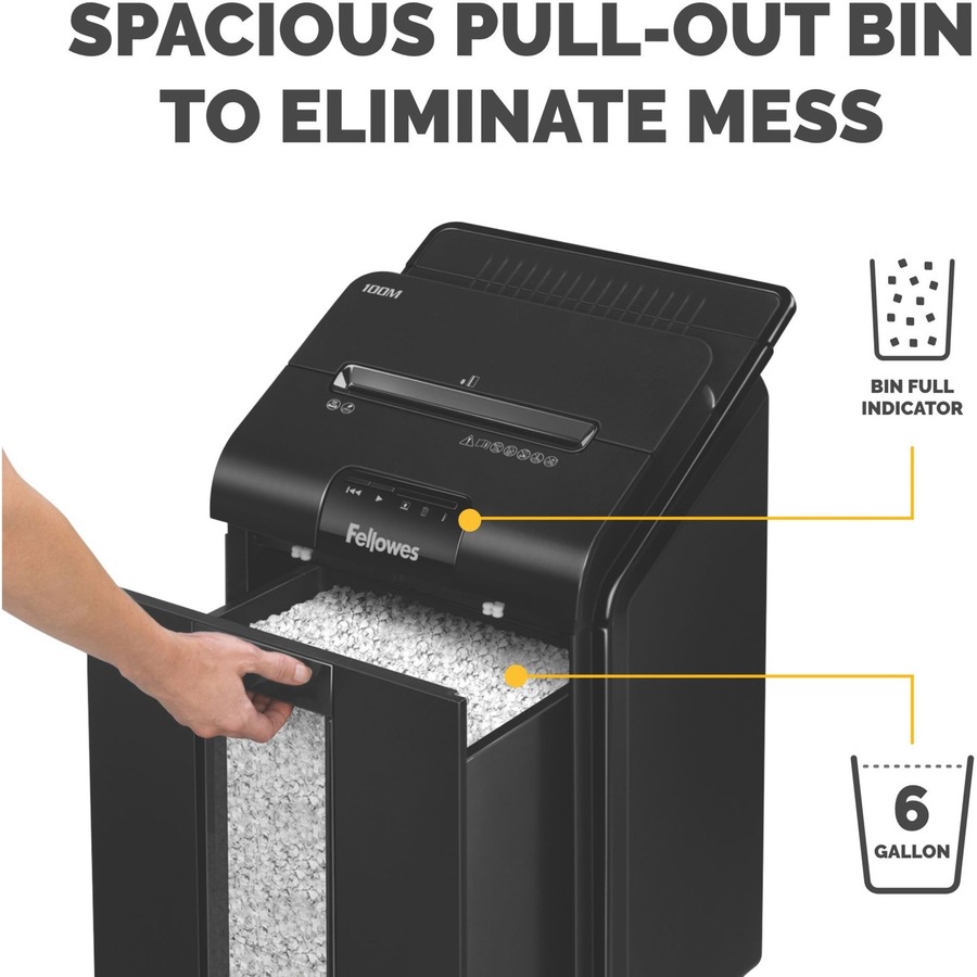 Fellowes AutoMax™ 100M Auto Feed Shredder - Non-continuous Shredder - Micro Cut - 100 Per Pass - for shredding Paper, Staples, Credit Card, Paper Clip - 0.2" x 0.4" Shred Size - P-4 - 2.44 m/min - 8.6" Throat - 15 Minute Run Time - 22.71 L Wastebin  - Micro-Cut Shredders - FEL4629001