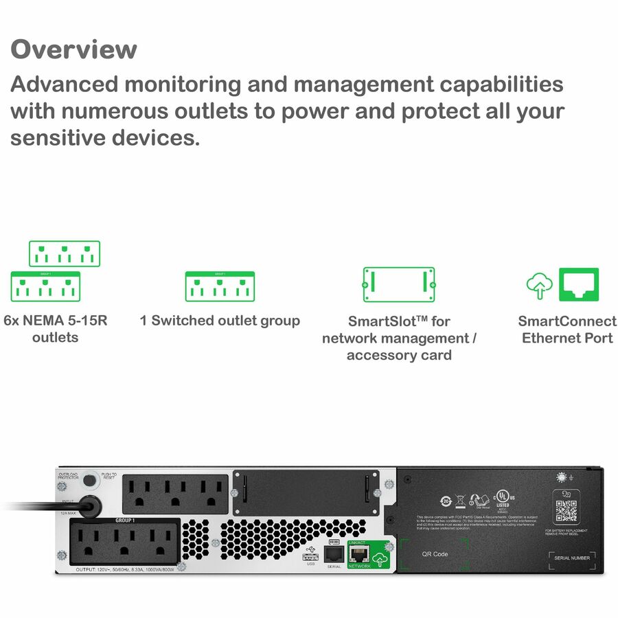 APC Smart-UPS, Line Interactive, 1000VA, Lithium-ion, Rackmount 2U, 120V, 6x NEMA 5-15R outlets, SmartConnect Port+SmartSlot, Short Depth, AVR, LCD