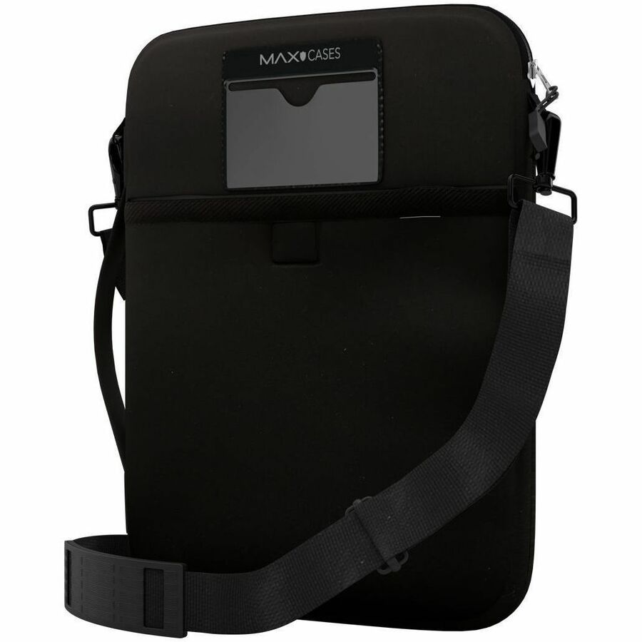 Black vertical neoprene sleeve for 11-inch tablet with front pocket and optional shoulder strap — alternate view 4