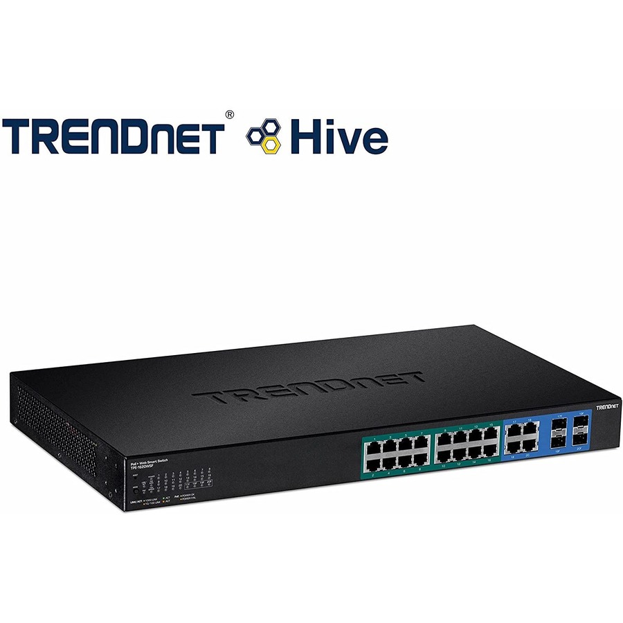 TRENDnet 20-Port Gigabit Web Smart 370W PoE+ Switch; TPE-1620WSF; 16 Gigabit PoE+ Ports; 4 Shared Gigabit Ports(RJ-45 or SFP); 370W PoE Budget;Managed PoE+ Ethernet Network Switch; Lifetime Protection