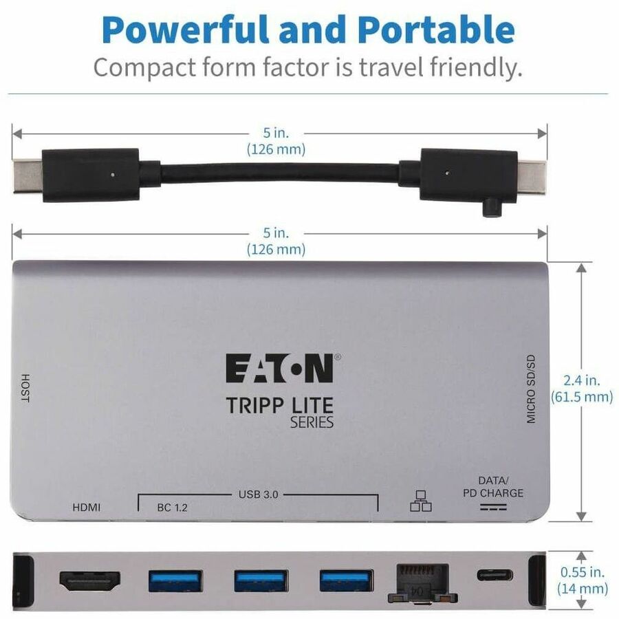 Tripp Lite by Eaton USB-C Dock - 4K HDMI USB 3.x (5Gbps) USB-A/C Hub Ports GbE Memory Card 100W PD Charging Detachable Cord