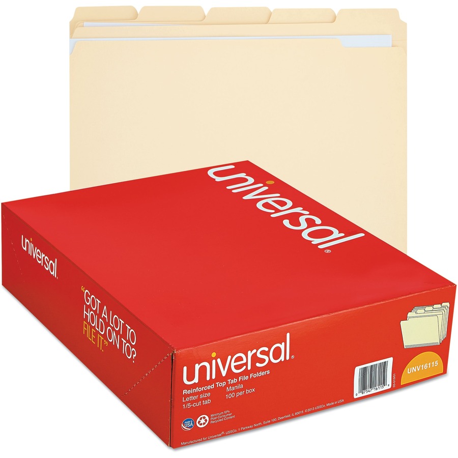 Universal 1/5 Tab Cut Letter Top Tab File Folder - 8 1/2" x 11" - 3/4" Expansion - Assorted Tab Position - 11 pt. - Manila - 100 Box