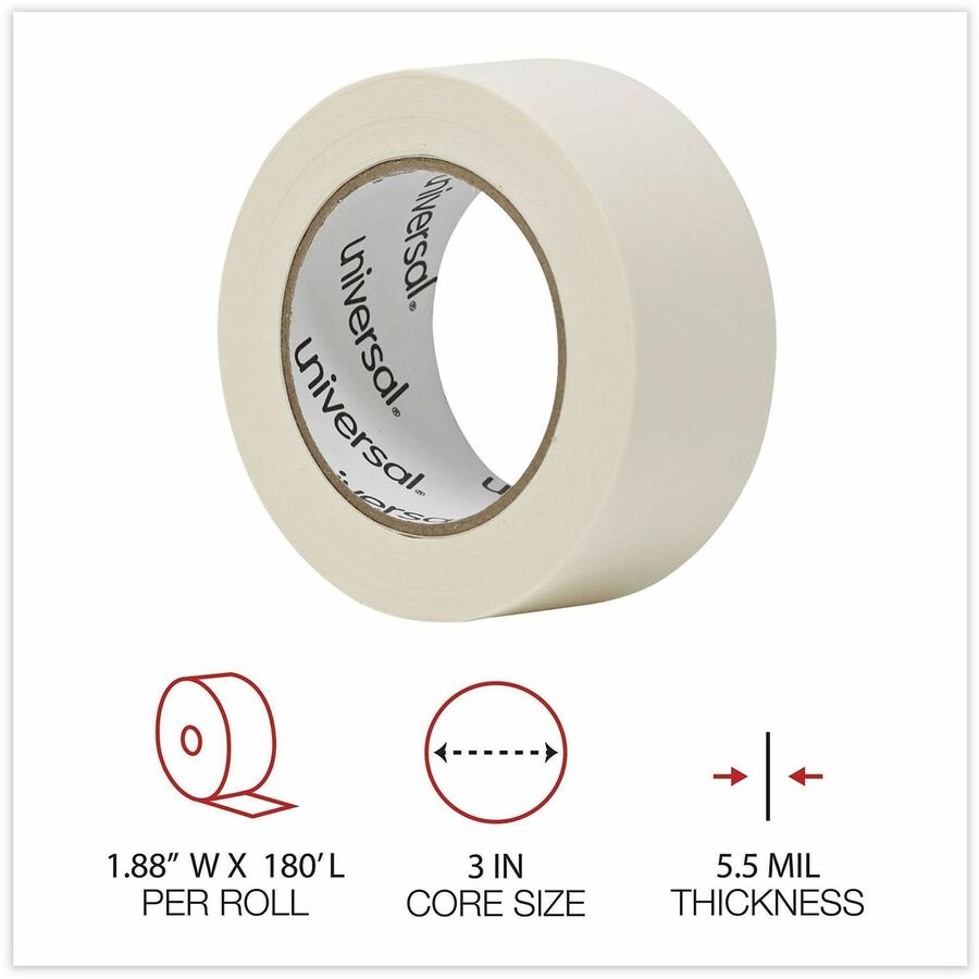 Universal General-Purpose Masking Tape, 3" Core, 48 mm x 54.8 m, Beige, 2/Pack - 59.93 yd Length x 1.89" Width x 5.5 mil Thickness - 3" Core - Beige - Natural Rubber - Crepe Paper Backing - 2 / Pack