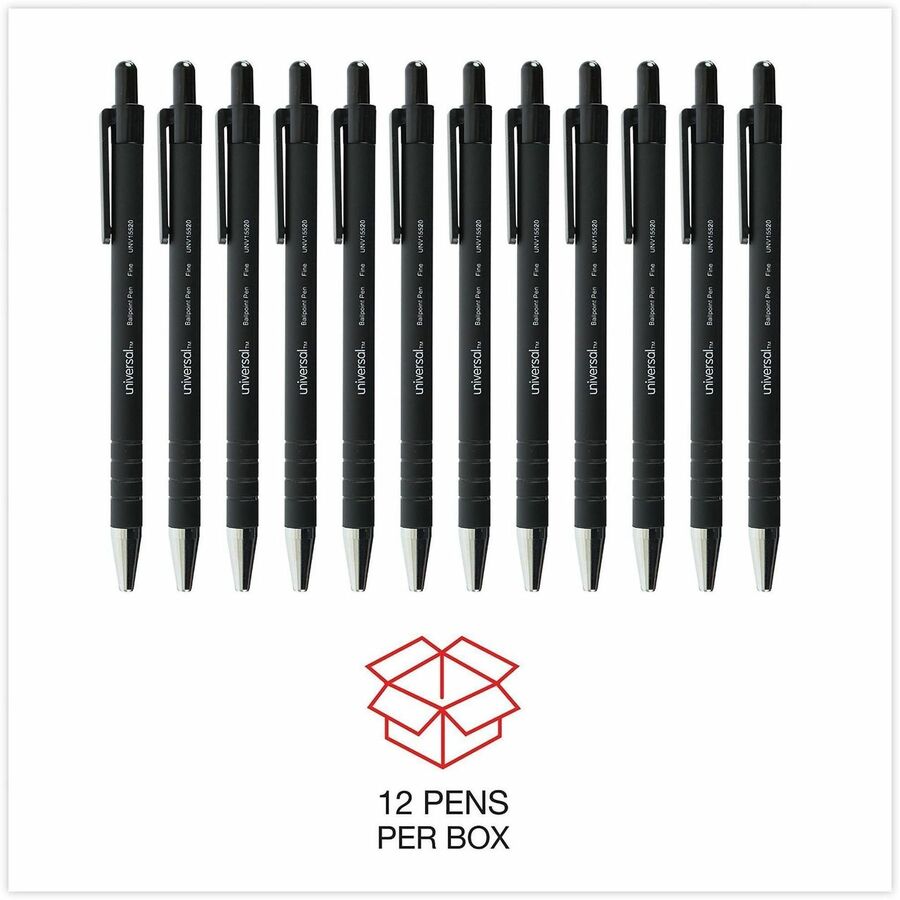Universal Ballpoint Pen, Retractable, Fine 0.7 mm, Black Ink, Black Barrel, Dozen - 0.7 mm Fine Conical Pen Point - Retractable - Black Ink - Black Barrel - 1 Dozen