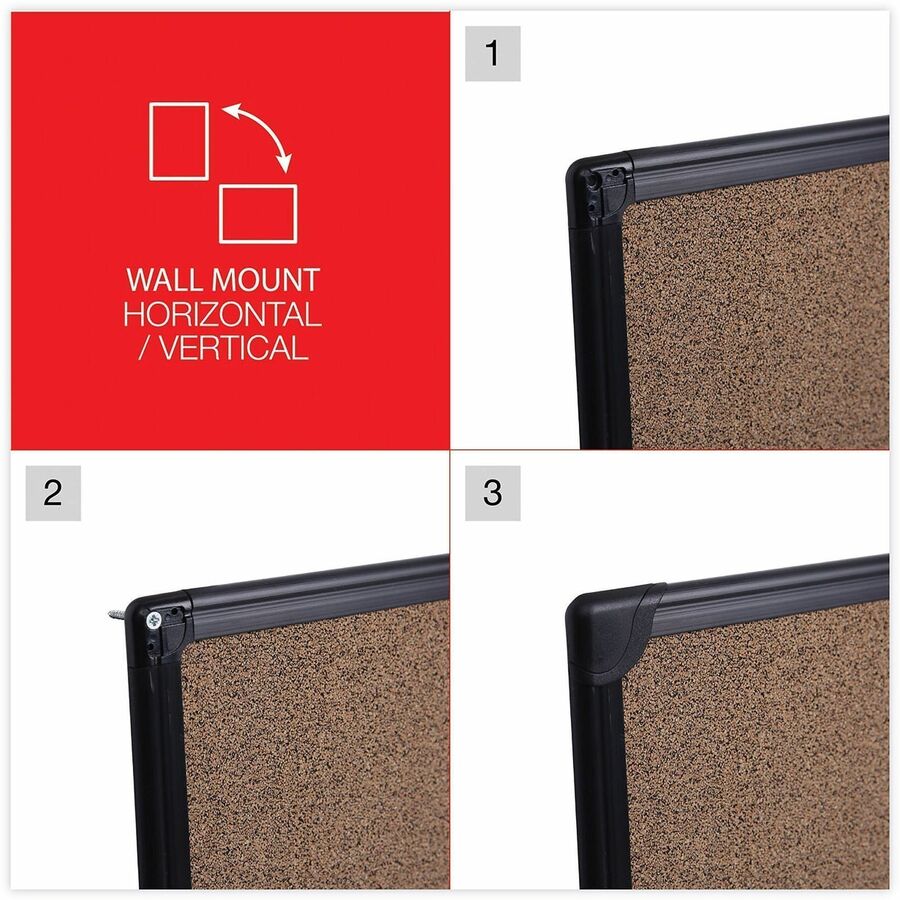 Universal Bulletin Board - 23.62" Board Height x 35.43" Board Width x 0.47" Board Depth - Brown Rubber, Cork Surface - Durable, Sleek Style, Heavy Duty, Sturdy - Black Plastic Frame - 1 Each