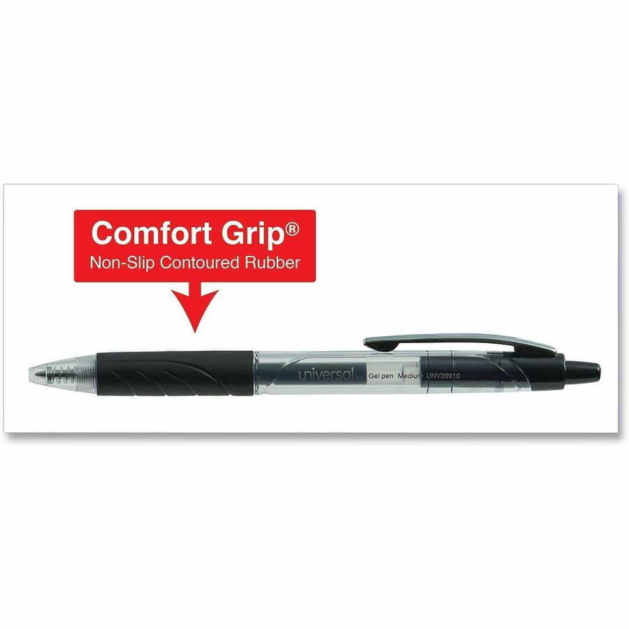 Universal Comfort Grip Gel Pen - 0.7 mm Medium Conical Pen Point - Retractable - Black Ink - Water Based - Clear, Black Barrel - 36 / Pack