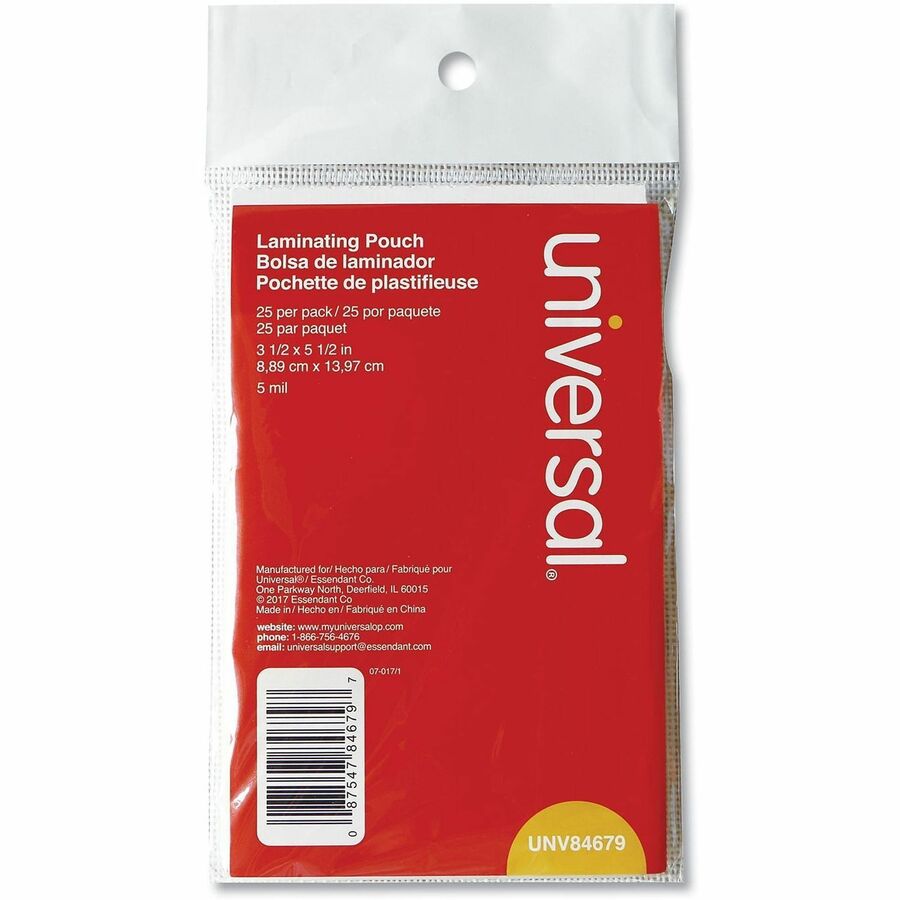 Universal Laminating Pouch - Sheet Size Supported: Index Card 5" Width x 3" Length - Laminating Pouch/Sheet Size: 5.50" Width x 5 mil Thickness - Matte - for Document, Sign, ID Card, Photo, Tag, Index Card - Temperature Resistant, Liquid Resistant - Clear