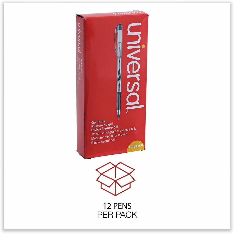 Universal Gel Pen, Stick, Medium 0.7 mm, Black Ink, Silver/Black Barrel, Dozen - 0.7 mm Medium Conical Pen Point - Black Ink - Water Based - Silver, Black Barrel - 1 Dozen