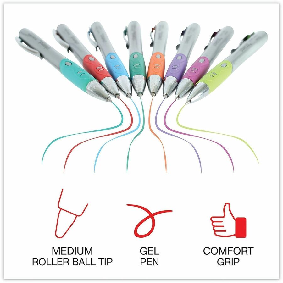 Universal Comfort Grip Gel Pen - 0.7 mm Medium Conical Pen Point - Retractable - Assorted Ink - Water Based - Assorted Barrel - 8 / Pack
