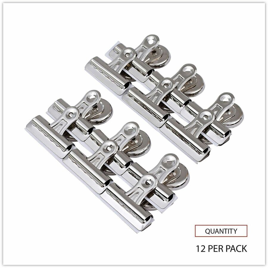 Universal Bulldog Magnetic Clips, Medium, Nickel, 12/Pack - Medium - 2.1" Width - 0.25" Size Capacity - Nickel - Nickel Plated Steel - 12 / Pack