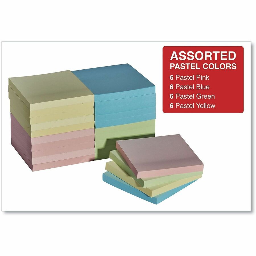 Universal Notepad - 90 Sheets - 3" x 3" Sheet Size - Assorted Pastel Paper - Paper Cover - 24 / Pack