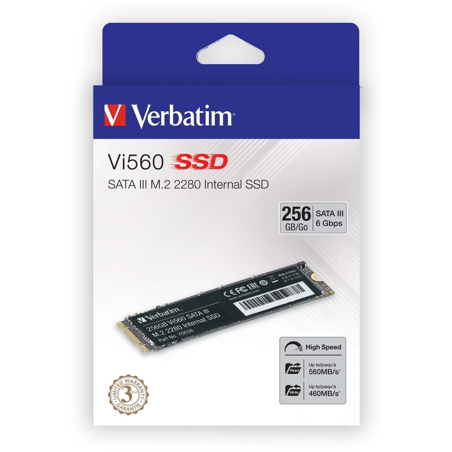 Verbatim Vi560 256 GB Solid State Drive - M.2 2280 Internal - SATA (SATA/600) - Notebook, Desktop PC Device Supported - 110 TB TBW - 560 MB/s Maximum Read Transfer Rate - 3 Year Warranty - 1 Pack = VER70026