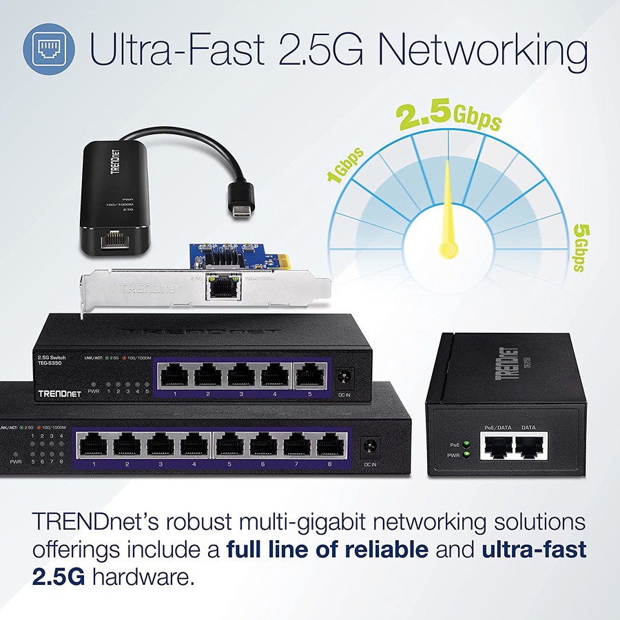 TRENDnet 2.5G PoE+ Injector, TPE-215GI, PoE (15.4W) or PoE+ (30W), Converts a non-PoE Port to a PoE+ 2.5G Port, 2.5GBASE-T Compliant, Integrated Power Supply, Network a PoE device up to 100m (328 ft.)