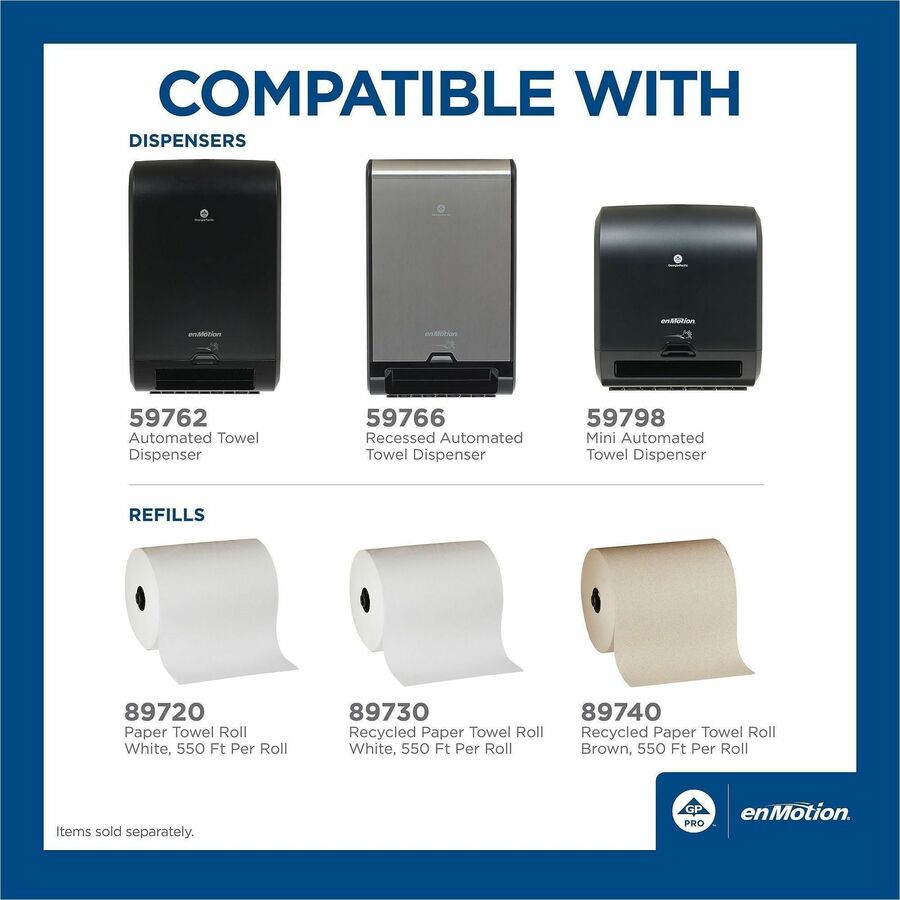 enMotion 1-Ply Paper Towel Rolls, EPA, 8-1/4" x 550', White, Case Of 6 Rolls - 1 Ply - 1 3/4" Core - White - 6 Rolls Per CaseCase - 6 / Case