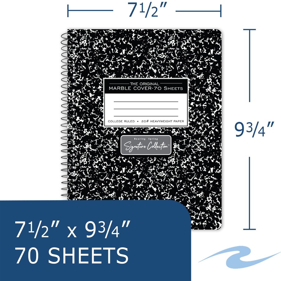 Roaring Spring Wirebound Composition Book - 70 Sheets - 140 Pages - Spiral Bound - College Ruled - 20 lb Basis Weight - 7 1/2" x 9 3/4" - 0.30" x 7.5" x 9.8" - White Paper - Black Binding - Black Marble Marble Cover - Perforated, Heavyweight Sheet, Snag P