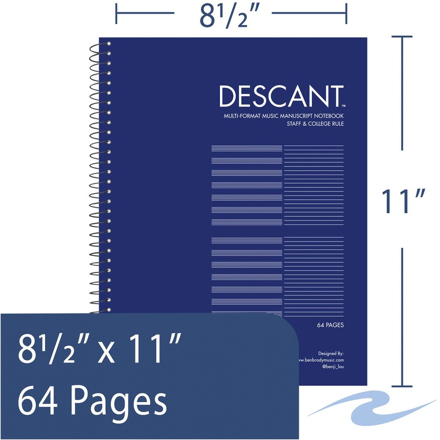 Roaring Spring Descant Music Book 11"x8.5" - 32 Sheets - 64 Pages - Spiral Bound - Stave, College Ruled - 60 lb Basis Weight - Letter - 8 1/2" x 11" - 0.25" x 8.5" x 11" - Ivory Paper - Black Binding - Heavyweight Sheet, Snag Proof - 24 / Carton