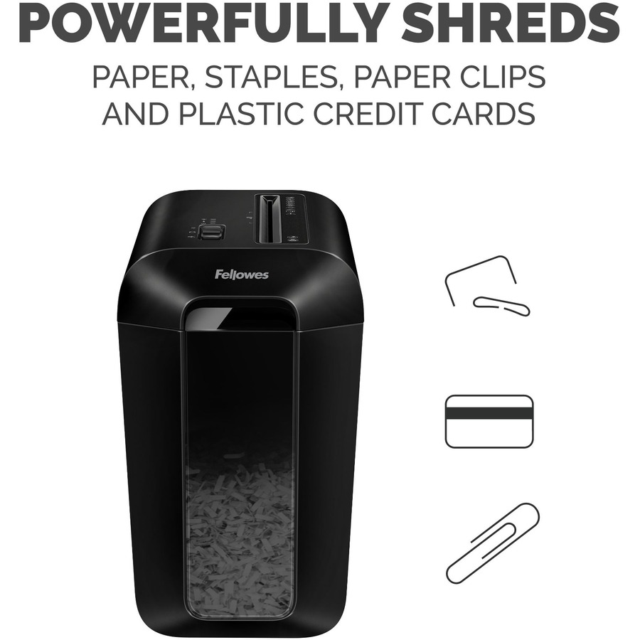 Fellowes LX65 10 Sheet Cross-cut Deskside Paper Shredder - Non-continuous Shredder - Cross Cut - 10 Per Pass - for shredding Staples, Paper, Paper Clip, Credit Card - 0.156" x 1.563" Shred Size - P-4 - 6 Minute Run Time - 20 Minute Cool Down Time - 4 gal 