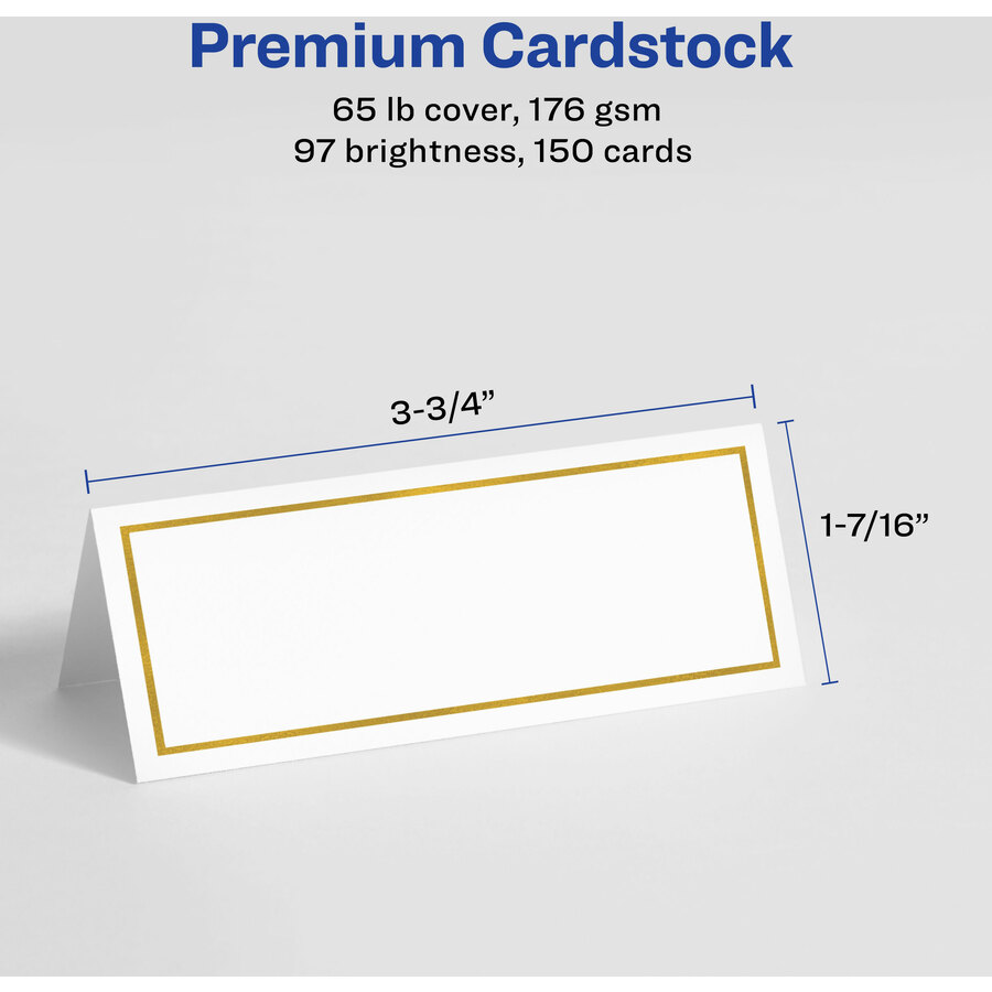 Avery® Place Cards With Gold Border 1-7/16" x 3-3/4" , 65 lbs. 150 Cards - 97 Brightness - 3 3/4" x 1 7/16" - 65 lb Basis Weight - 176 g/m² Grammage - Matte - 5 / Pack - Perforated, Print-to-the-edge, Pre-scored - Gold, White
