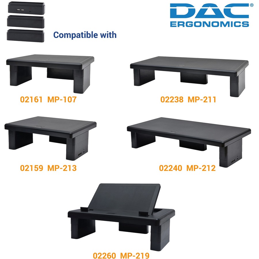DAC Stax Monitor Riser Block Kit with 2 USB Charging Ports - 6" Length x 1.5" Width x 1.5" Height - Black