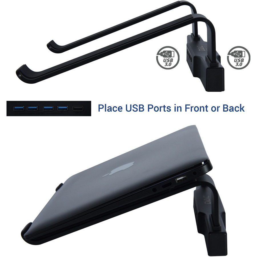 DAC Non-Skid Laptop Stand With 4-Port USB 3.0 Hub - 3" Height x 9.8" Width - Aluminum Alloy - Black