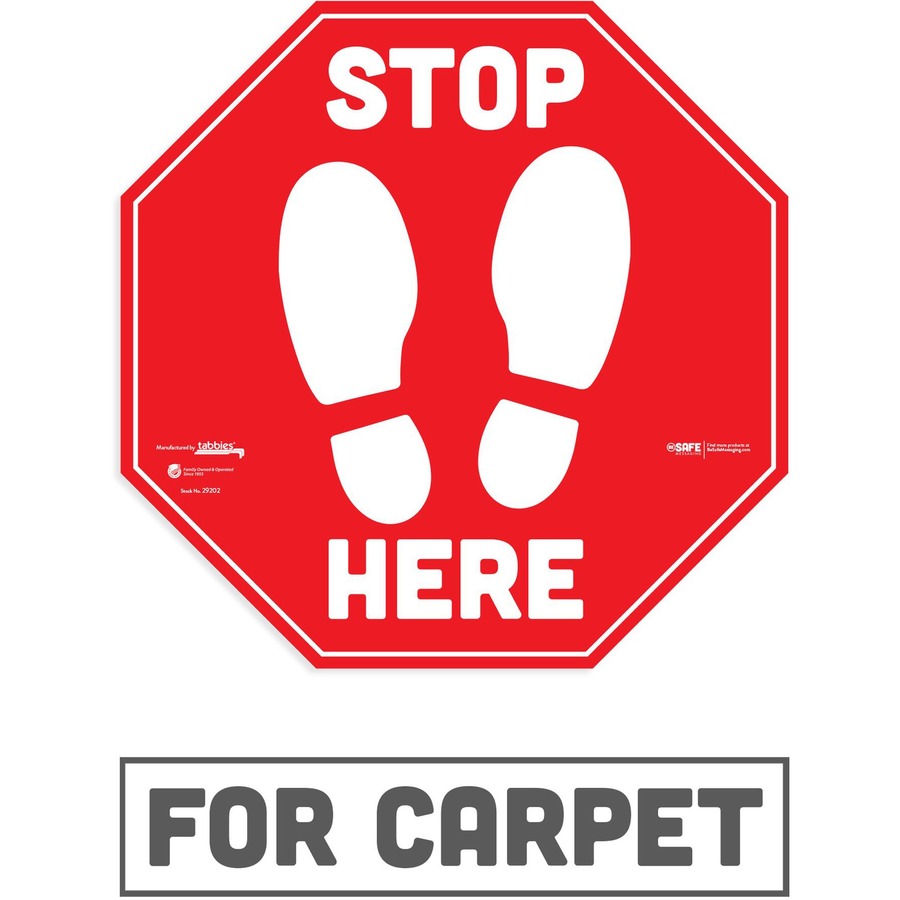 Tabbies BeSafe STOP HERE Messaging Carpet Decals - 6 / Pack - STOP HERE Print/Message - 12" Width x 12" Height - Square Shape - Easy Readability, Removable, Pressure Sensitive, Adhesive, Adjustable, Non-slip - Acrylic, Vinyl - Red, White