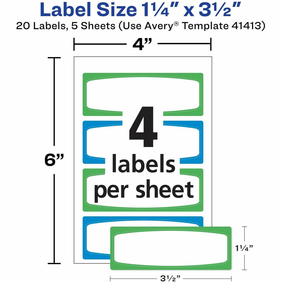 Avery Kids Gear Durable Labels - 3 1/2" Height x 1 1/4" Width - Permanent Adhesive - Rectangle - Laser, Inkjet - Matte - Assorted, Green, Blue - Film - 4 / Sheet - 90 Total Sheets - 360 Total Label(s) - 18 / Carton - Permanent Adhesive, Dishwasher Safe, M