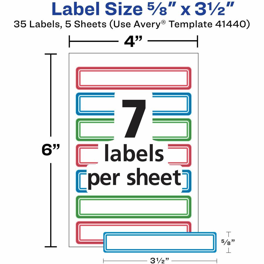 Avery Kids Gear Durable Labels - 5/8" Height x 3 1/2" Width - Permanent Adhesive - Rectangle - Laser, Inkjet - Matte - Assorted, Green, Blue, Red - Film - 7 / Sheet - 90 Total Sheets - 630 Total Label(s) - 18 / Carton - PVC-free, Permanent Adhesive, Dishw