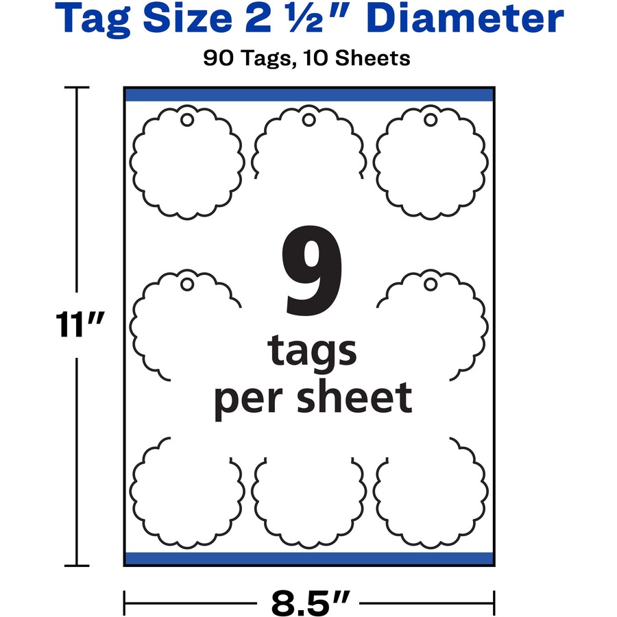 Avery® Textured Round Scallop Tags - 2.50" Diameter - Round Scallop - 5 / Carton - Card Stock, Metal - White