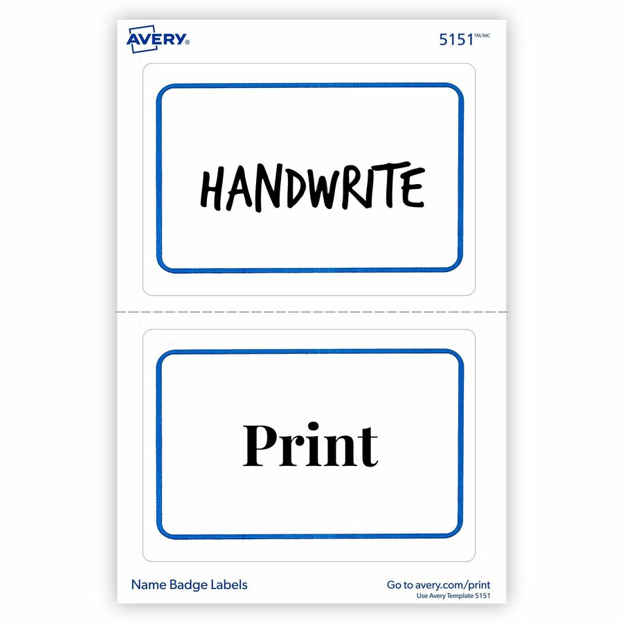 Avery Flexible Name Badge Labels - 2 1/3" Height x 3 3/8" Width - Removable Adhesive - Rectangle - Laser, Inkjet - Matte - White - Blue Border - Film - 2 / Sheet - 20 Total Sheets - 720 Total Label(s) - 1 - PVC-free, Removable, Curl Resistant, Flexible, A
