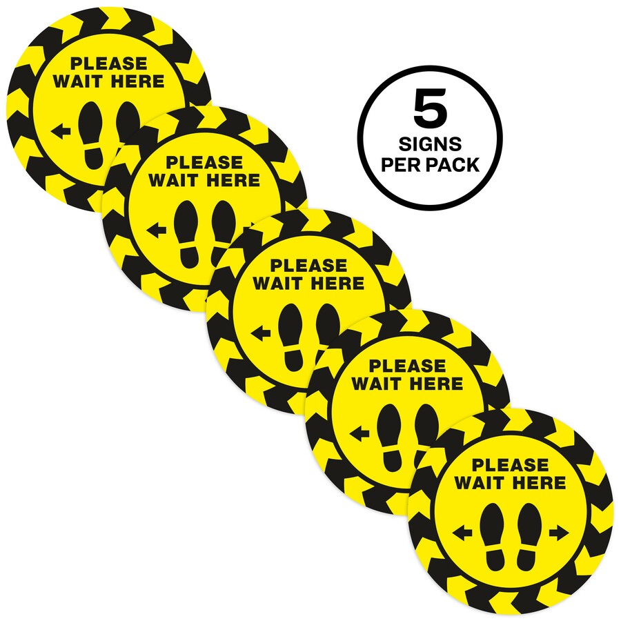 Avery® PLEASE WAIT HERE Distancing Floor Decals - 5 - PLEASE WAIT HERE Print/Message - Round Shape - Pre-printed, Tear Resistant, Wear Resistant, Non-slip, Water Resistant, UV Coated, Durable, Removable, Scuff Resistant - Vinyl - Black, Yellow