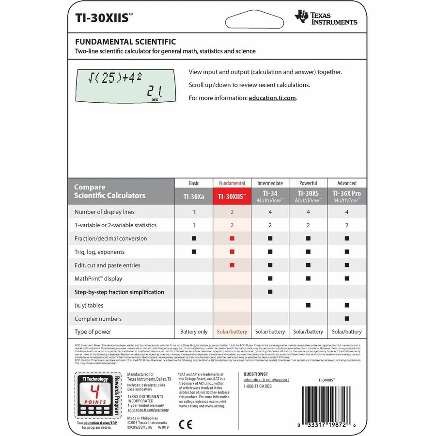 Texas Instruments TI30XIIS Dual Power Scientific Calculator - 2 Line(s) - LCD - Battery/Solar Powered - 6.1" x 3.2" x 0.8" - Black - 1 Each