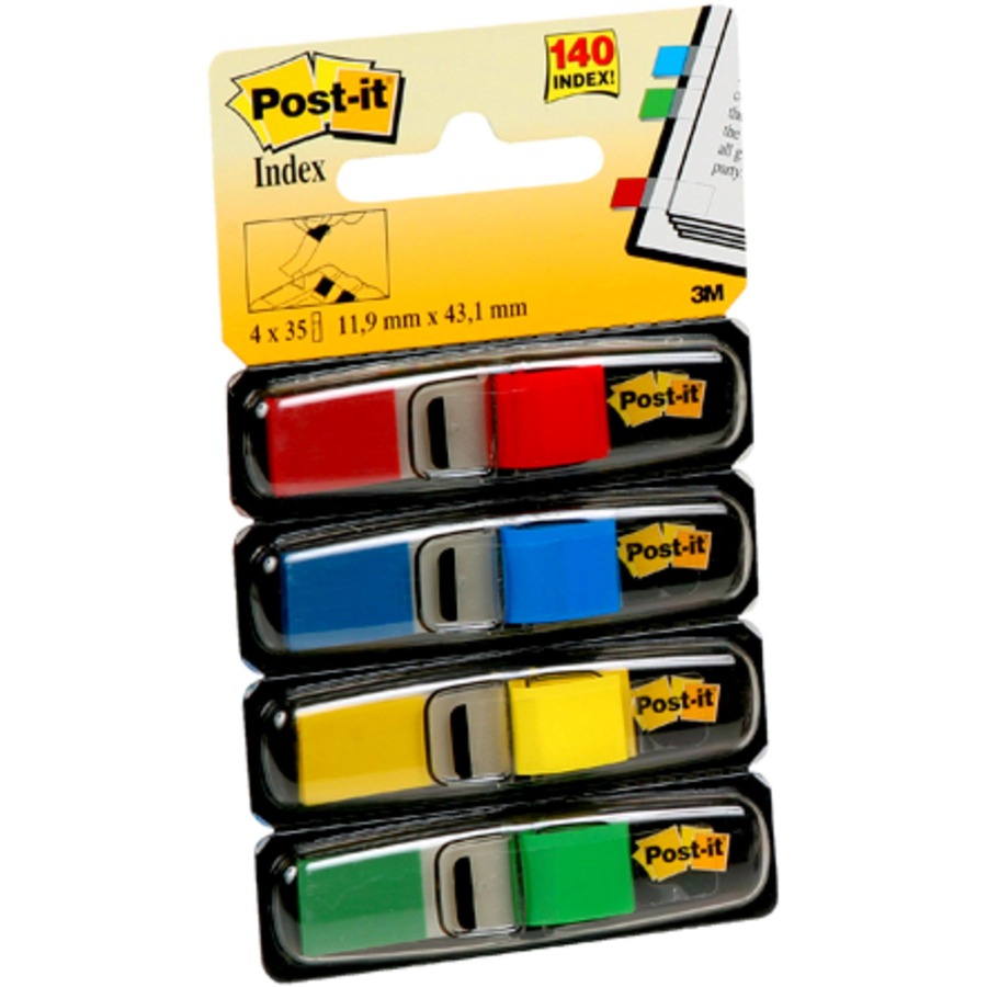 Post-it® 1/2"W Flags in Primary Colors - 4 Dispensers - 35 x Blue, 35 x Green, 35 x Red, 35 x Yellow - 0.50" x 1.75" - Rectangle - Unruled - Blue, Green, Red, Yellow, Assorted - Removable, Self-adhesive - 140 / Pack - Flags - MMM6834