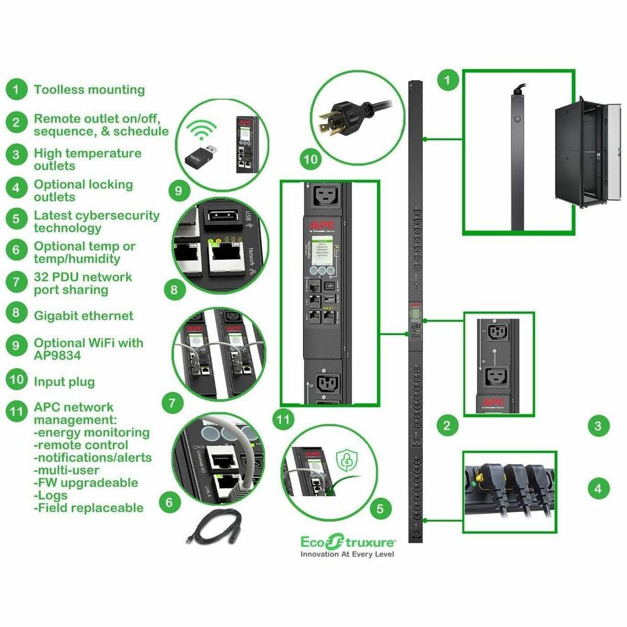 APC NetShelter Switched Rack PDU, 9K series, 0U, 20A, 208V, 21 C13/C15 and 3 C19/C21, L620 Cord