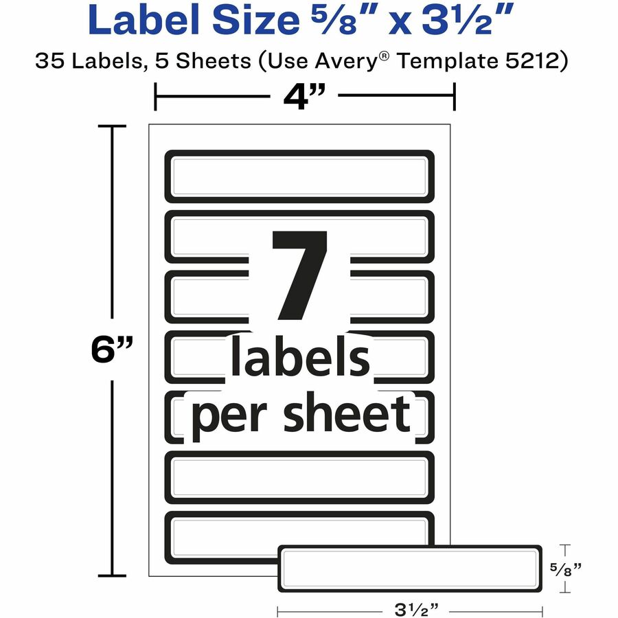 Avery Durable ID Labels - 5/8" Width x 3 1/2" Length - Permanent Adhesive - Rectangle - Laser, Inkjet - Matte - White - Blue Border - Film - 7 / Sheet - 5 Total Sheets - 630 Total Label(s) - 18 / Carton - Water Resistant - PVC-free, Permanent Adhesive, Te