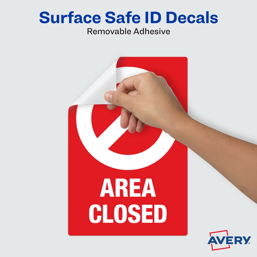 Avery® Surface Safe AREA CLOSED Table/Chair Decals - 10 / Pack - Area Closed Print/Message - 4" Width x 6" Height - Rectangular Shape - Water Resistant, Pre-printed, Chemical Resistant, Abrasion Resistant, Tear Resistant, Durable, UV Resistant, Residu