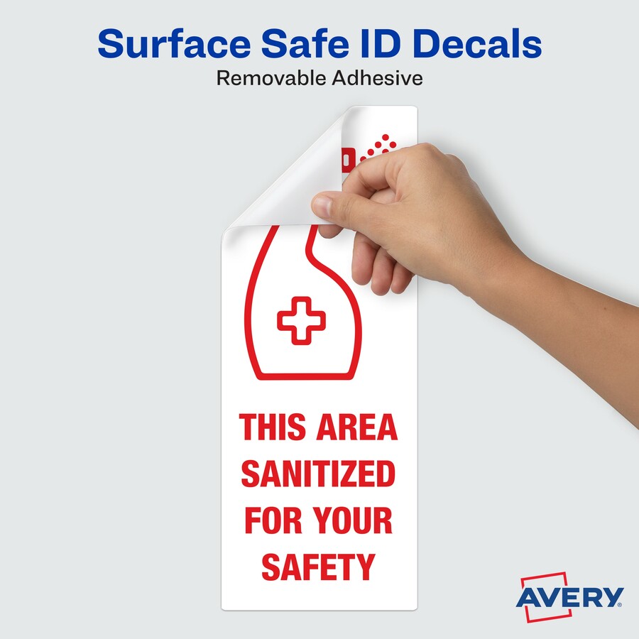Avery® Surface Safe THIS AREA SANITIZED Decals - 15 / Pack - This Area Sanitized Print/Message - Rectangular Shape - Water Resistant, Pre-printed, Chemical Resistant, Abrasion Resistant, Tear Resistant, Durable, UV Resistant, Residue-free, Easy Peel, 